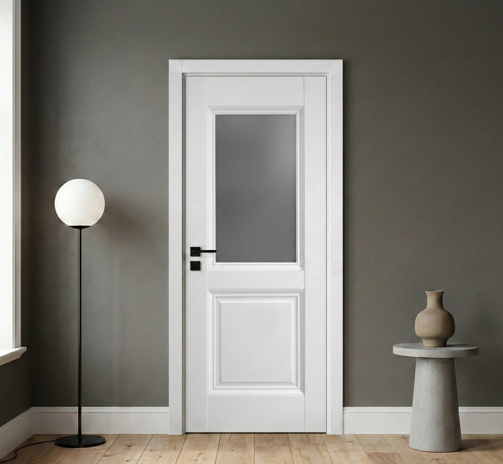 Ușă de interior albă JYA-067 cu sticlă satinată
