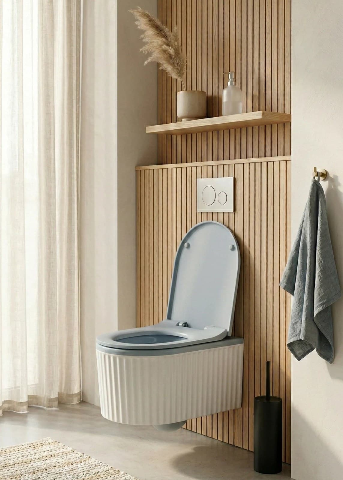 Vas WC Suspendat Rimless - Alb Mat Texturat cu Capac Albastru Deschis Mat - montat