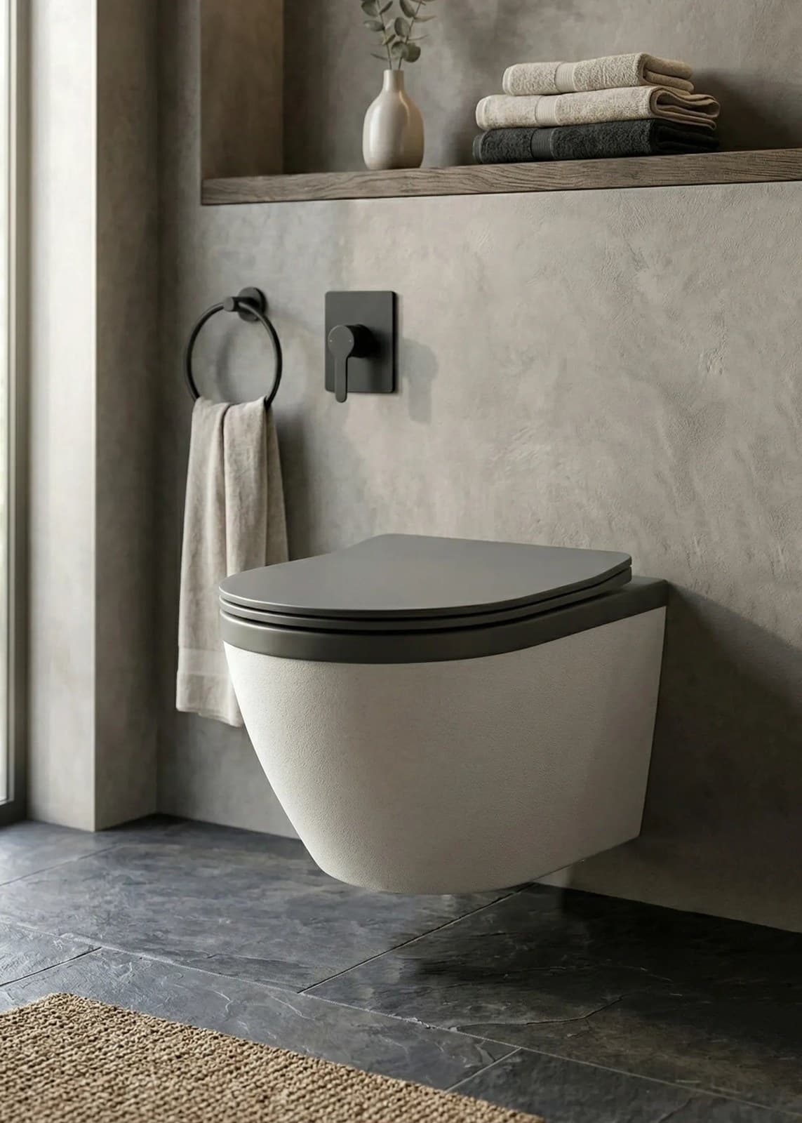 Vas WC Suspendat Rimless - Alb Mat Texturat cu Capac Gri Închis Mat - montat