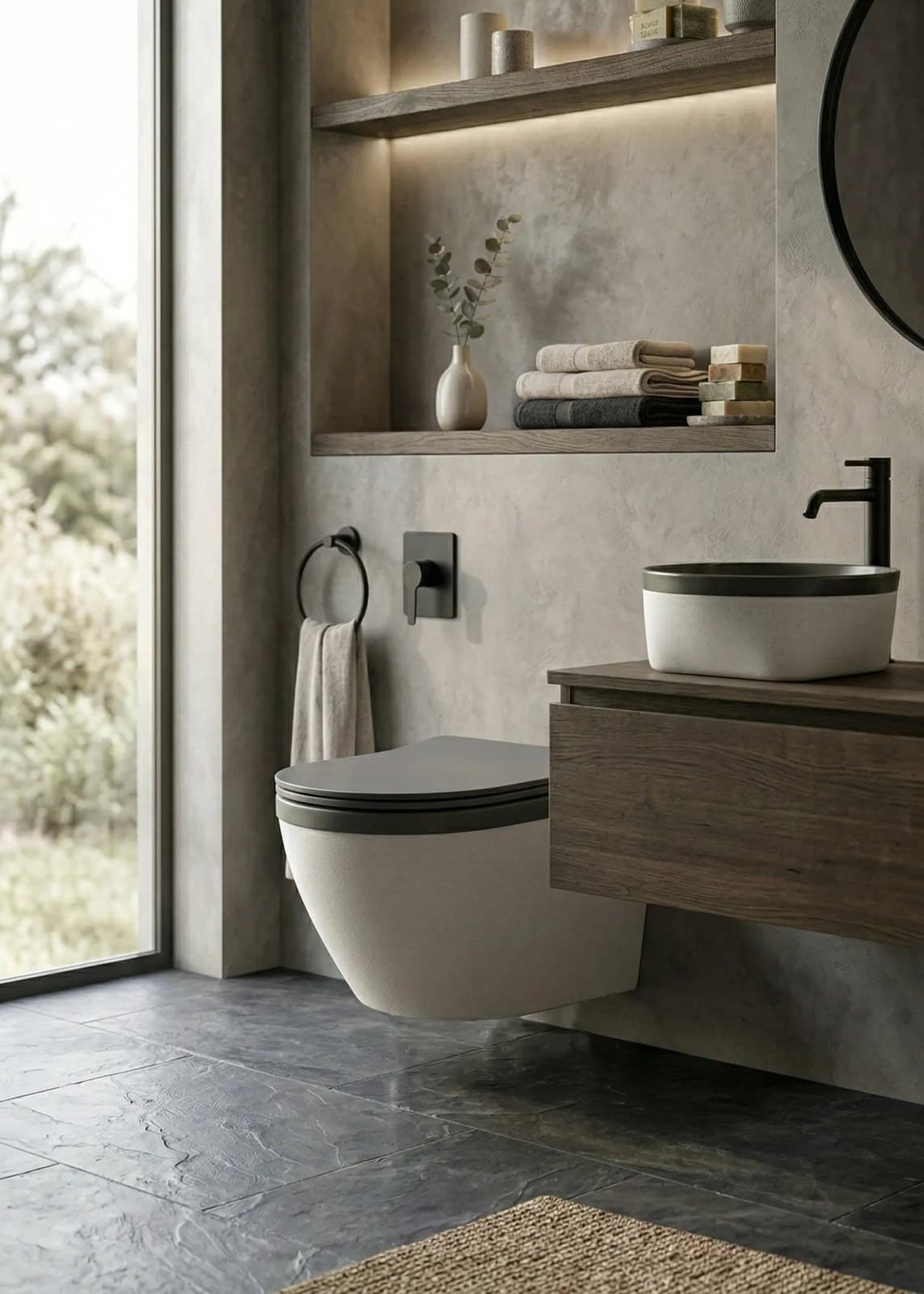 Vas WC Suspendat Rimless - Alb Mat Texturat cu Capac Gri Închis Mat - montat