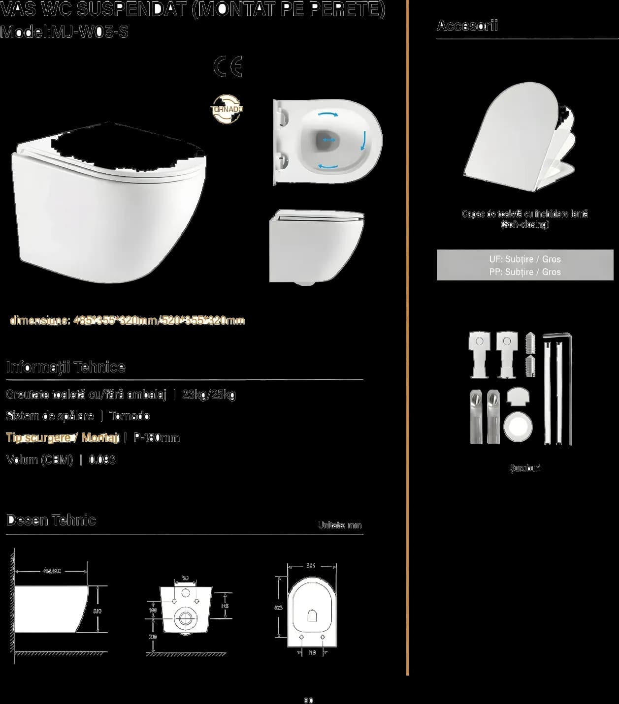 Vas WC Suspendat Rimless - Alb Mat Texturat cu Capac Gri Închis Mat