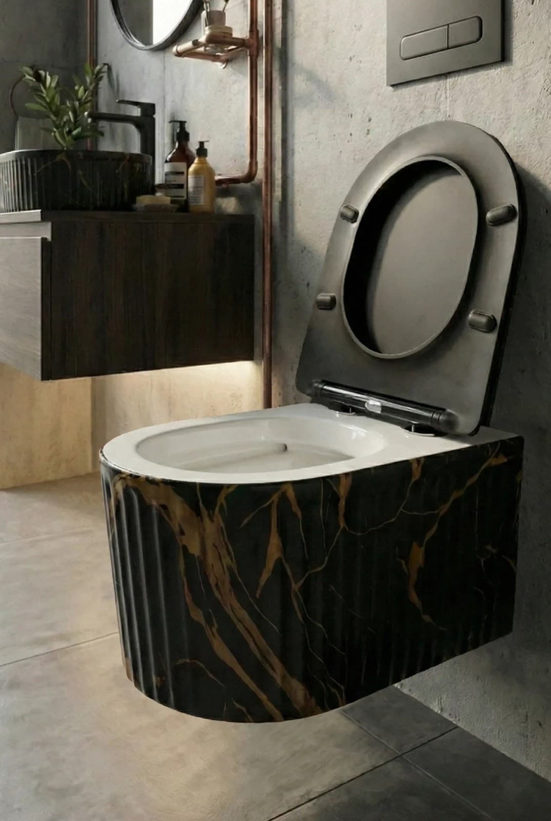 Vas WC Suspendat Rimless Negru Mat Marmurat cu Detalii Aurii - montat