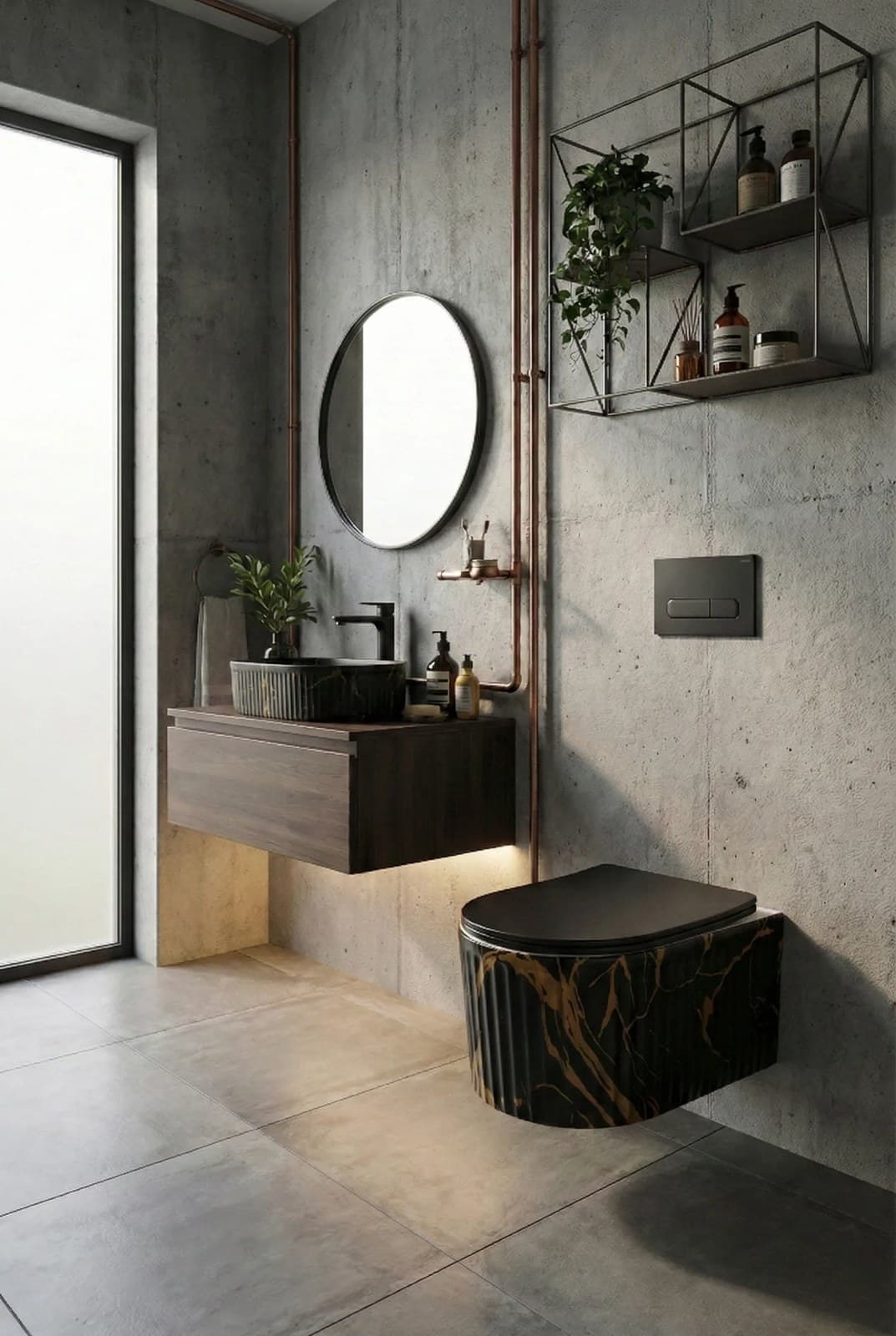 Vas WC Suspendat Rimless Negru Mat Marmurat cu Detalii Aurii - montat