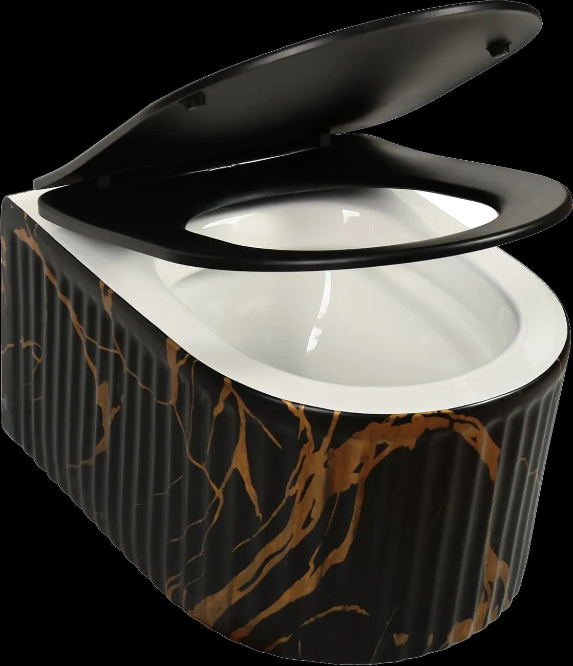 Vas WC Suspendat Rimless Negru Mat Marmurat cu Detalii Aurii