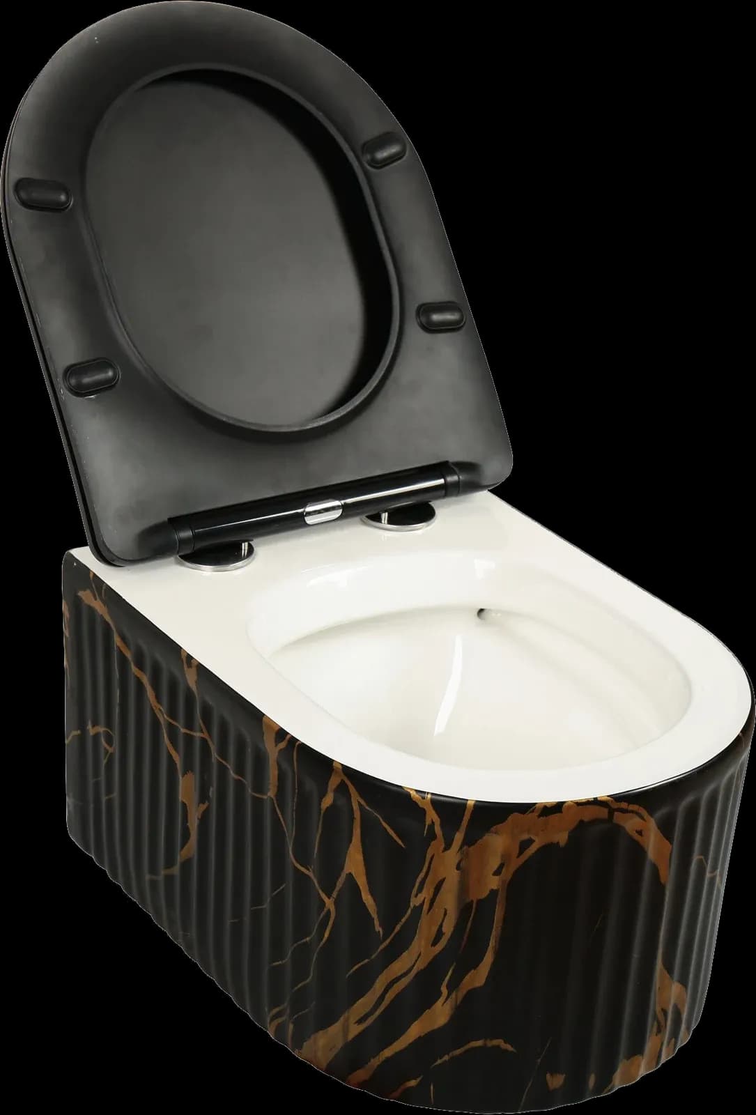 Vas WC Suspendat Rimless Negru Mat Marmurat cu Detalii Aurii