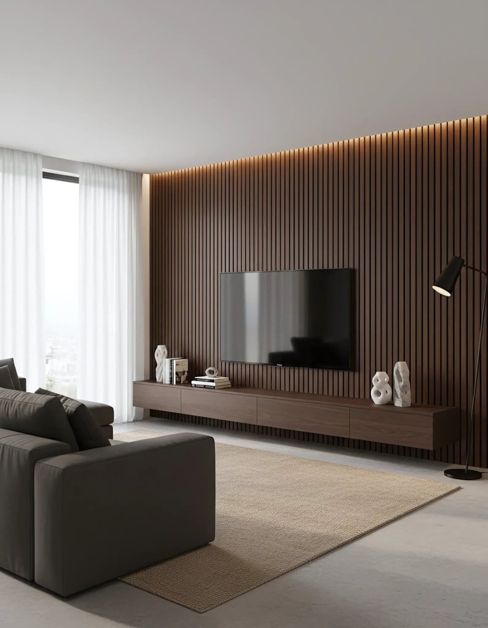 Panou riflaj decorativ Deep Walnut 001 - nuc închis intens cu fundal negru