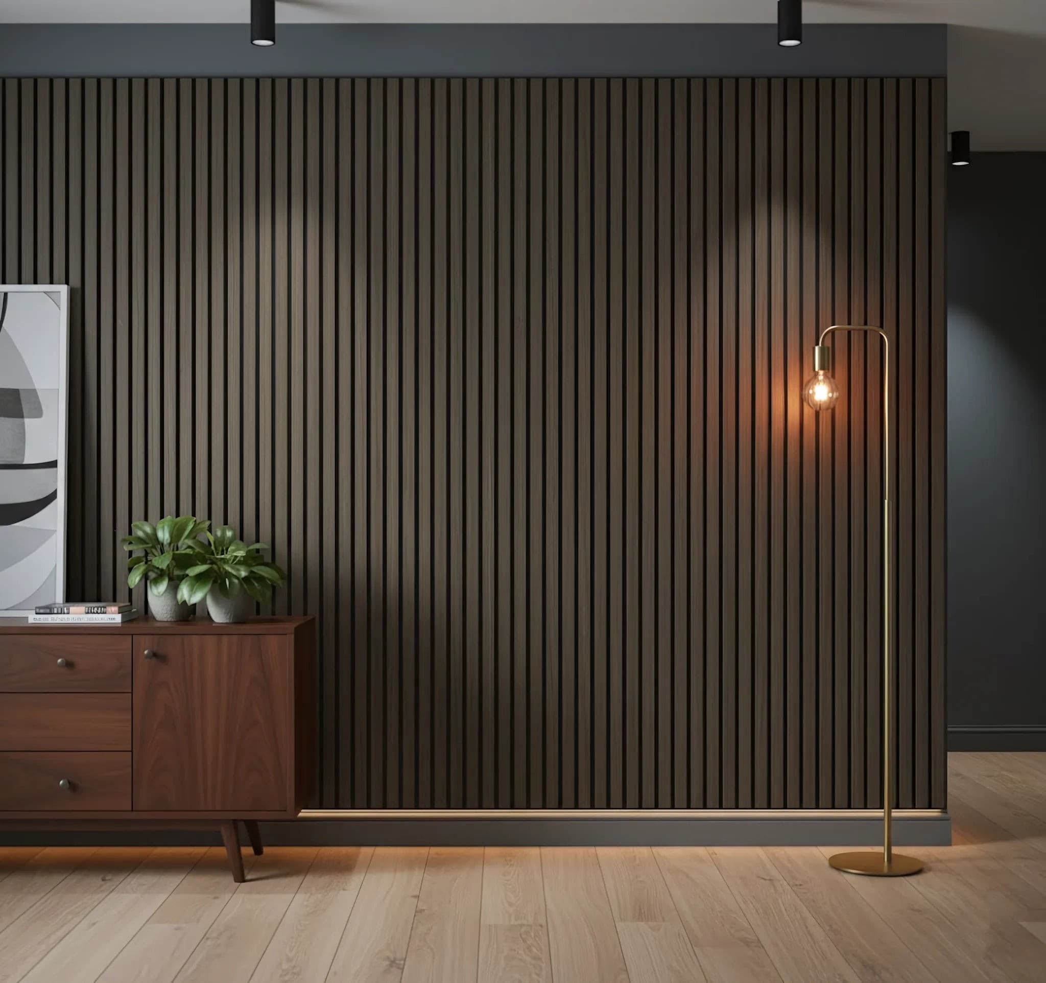 Panou riflaj decorativ XYPT-13 - lamele verticale nuc închis pe bază neagră