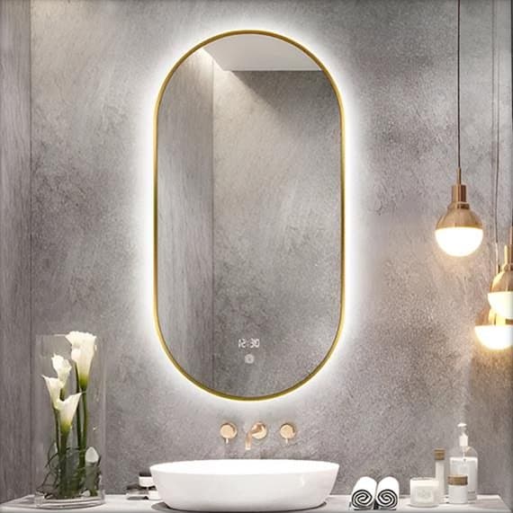 Oglindă NC006 ovală, ramă aurie, cu LED și dezaburire, 60×90 cm