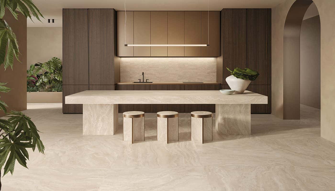 Dual Travertine Poro Aperto Beige - montată într-o cameră
