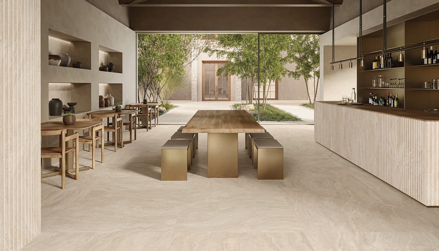 Dual Travertine Poro Aperto Beige - montată într-o cameră