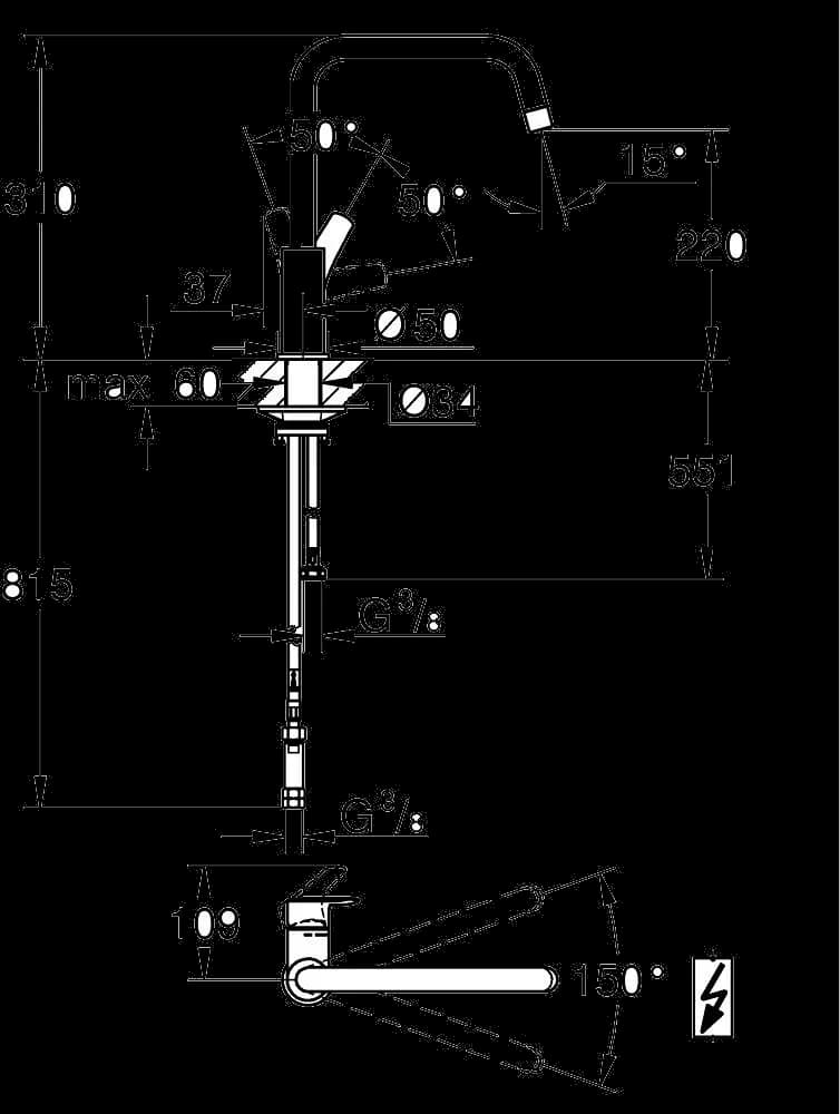GROHE Eurosmart Baterie spălător cu monocomandă 1/2" - desen tehnic cu cote