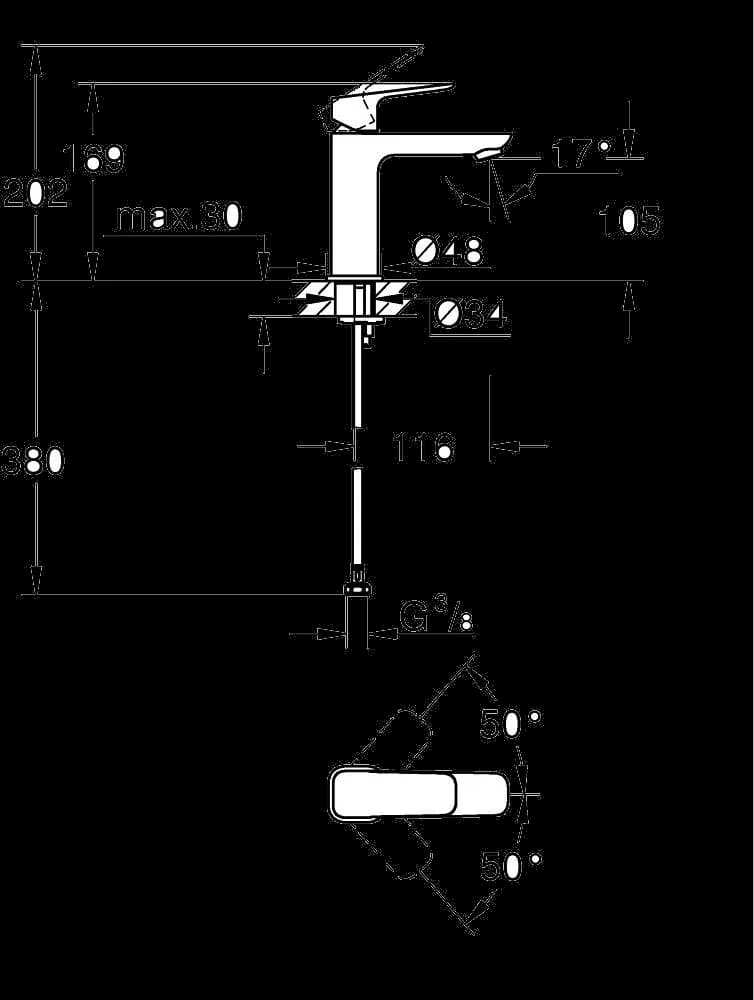 GROHE Cubeo Baterie lavoar monocomandă 1/2" Mărimea M - desen tehnic cu cote
