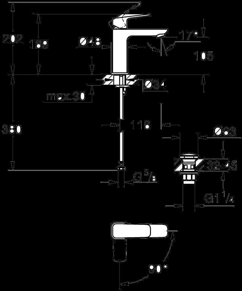 GROHE Cubeo Baterie lavoar monocomandă 1/2" Mărimea M - desen tehnic cu cote