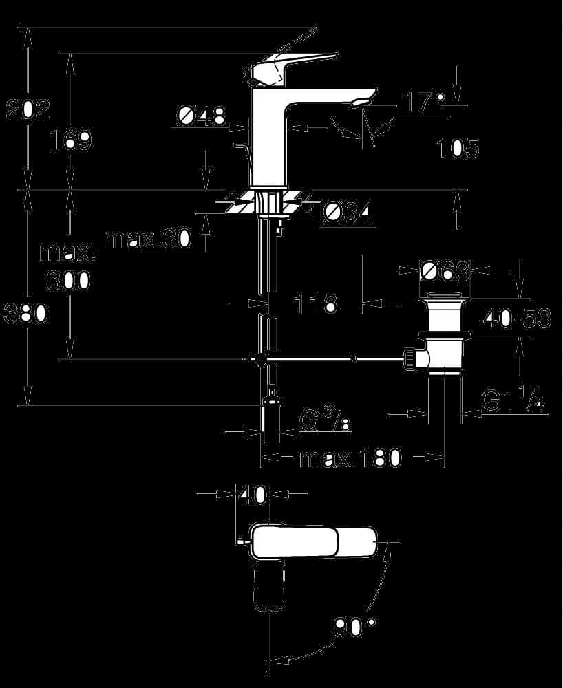 GROHE Cubeo Baterie lavoar monocomandă 1/2" Mărimea M - desen tehnic cu cote