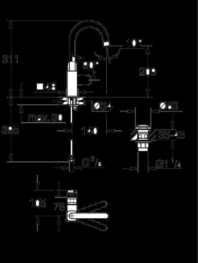 GROHE Cubeo Baterie lavoar monocomandă 1/2" Mărimea L - desen tehnic cu cote