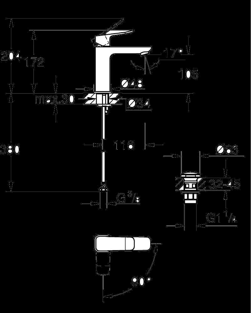 GROHE Dice Baterie lavoar monocomandă 1/2" Mărimea M - desen tehnic cu cote