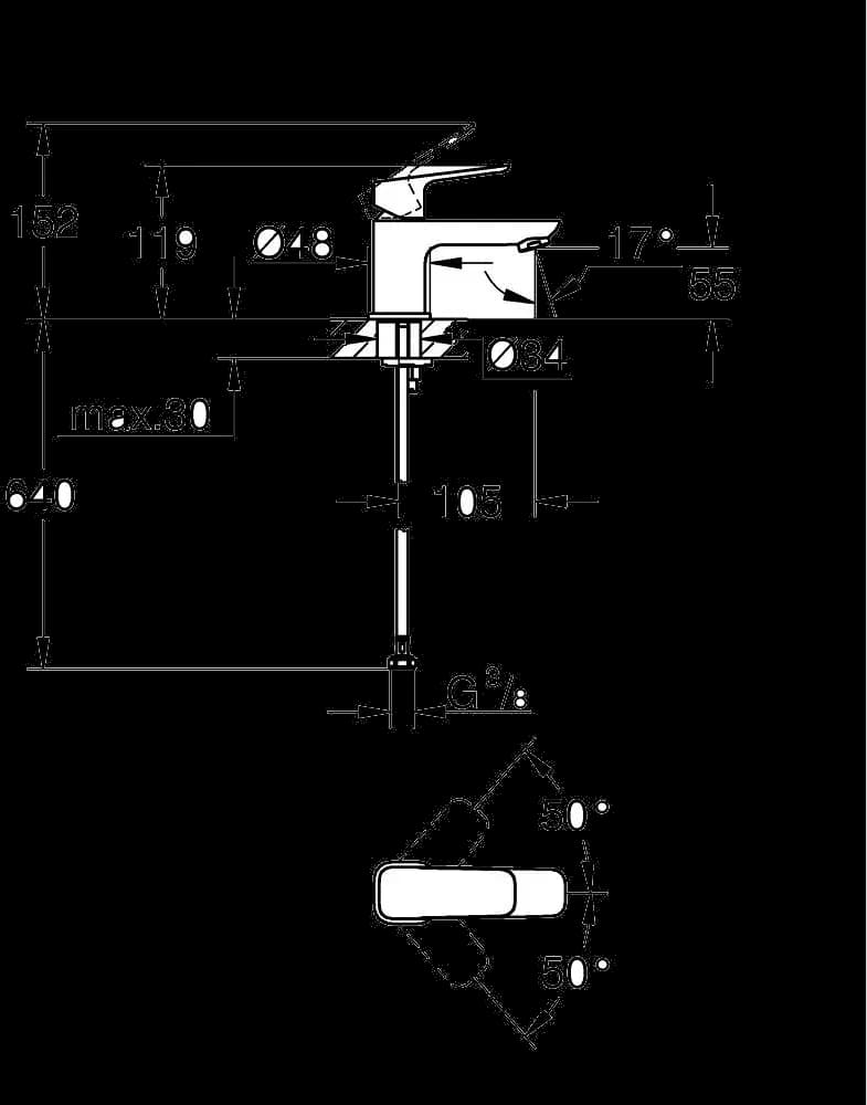 GROHE Dice Baterie lavoar monocomandă 1/2" Mărimea XS - desen tehnic cu cote