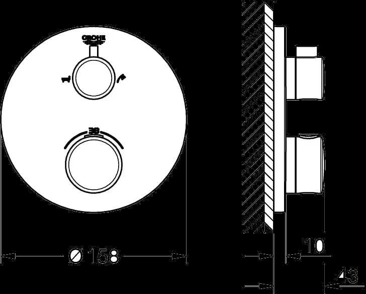 GROHE Grohtherm Unitate de mixare cu termostat pentru cadă cu 2 ieșiri cu ventil de închidere/deviere integrat - desen tehnic cu cote