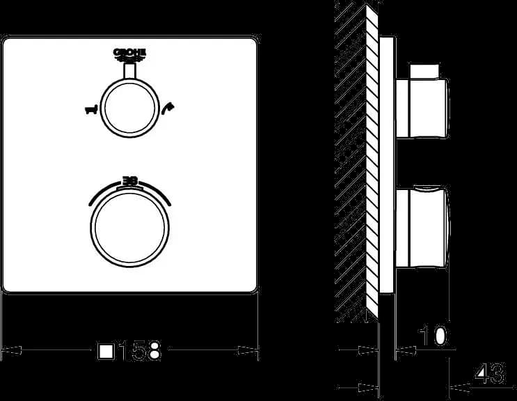 GROHE Grohtherm Unitate de mixare cu termostat pentru cadă cu 2 ieșiri cu ventil de închidere/deviere integrat - desen tehnic cu cote
