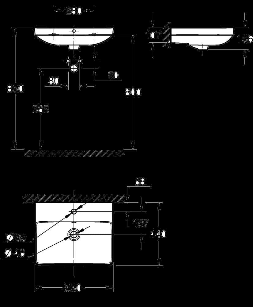 GROHE Euro Ceramic Lavoar 55 - desen tehnic cu cote