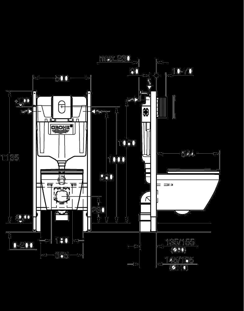 GROHE Solido Euro Ceramic 5 în 1 set pentru WC, 1.13 m înălţime de instalare - desen tehnic cu cote