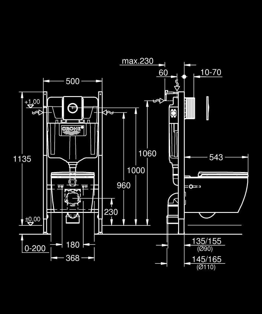 GROHE Solido Compact 5 în 1 set pentru WC, 1.13 m înălţime de instalare - desen tehnic cu cote