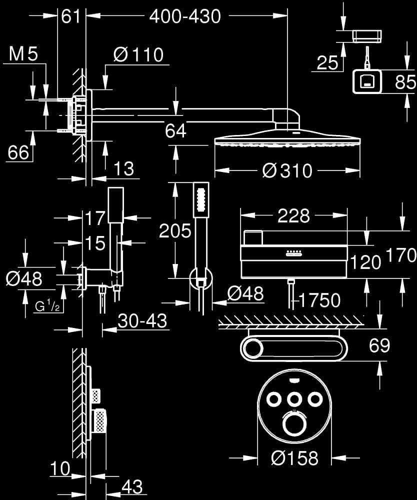 GROHE SmartControl Purefoam Sistem de duș încastrat - desen tehnic cu cote