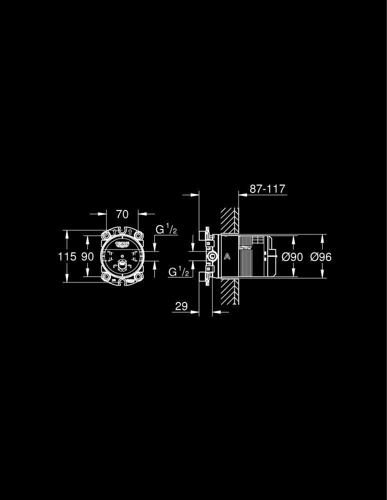 GROHE Rainshower Aqua Corp încastrat pentru duș de cap cu 2 jeturi - desen tehnic cu cote