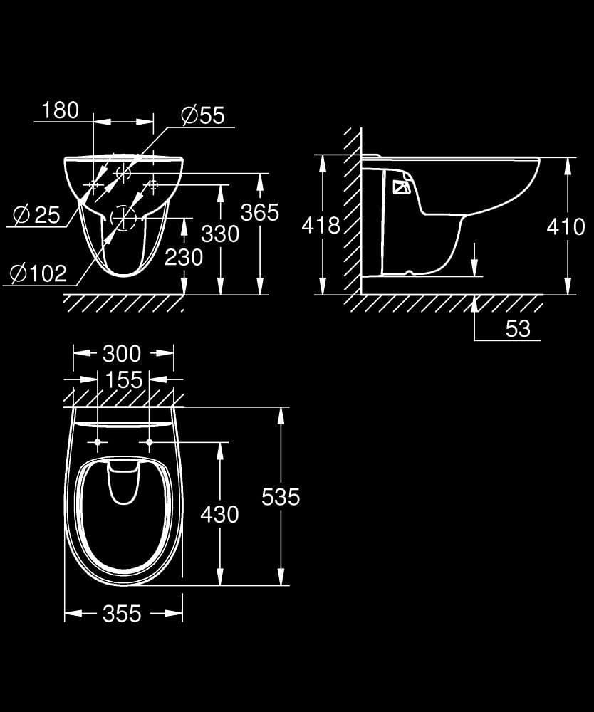 GROHE Bau Ceramic Vas WC cu montare suspendată - desen tehnic cu cote
