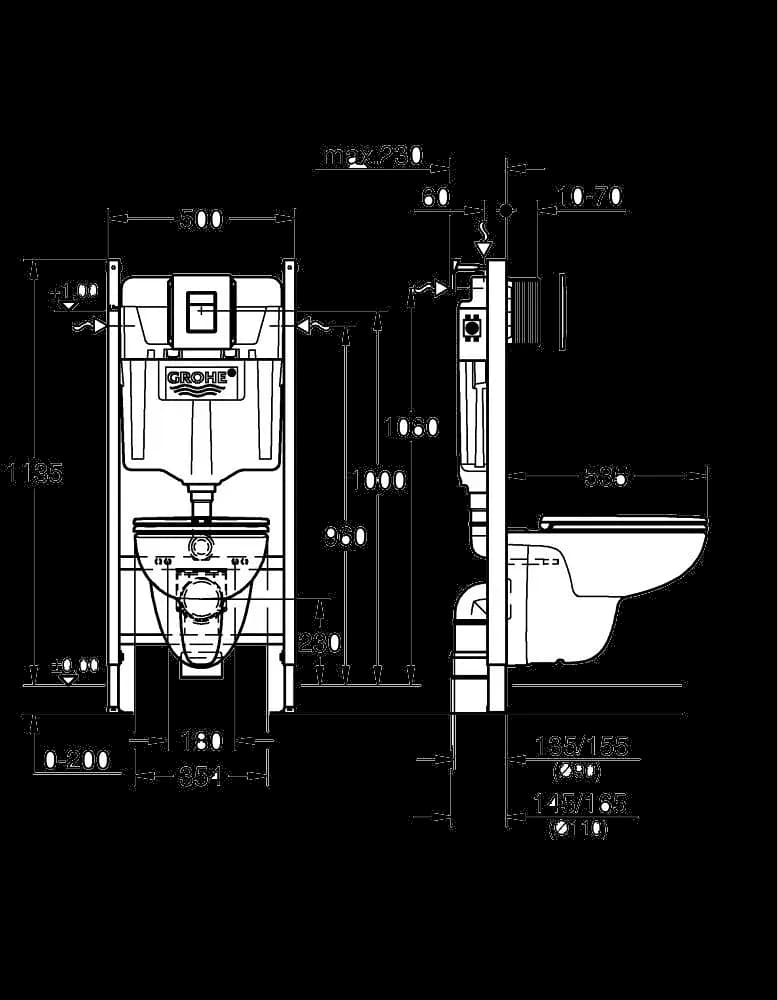 GROHE Solido 5 în 1 set pentru WC, 1.13 m înălţime de instalare - desen tehnic cu cote