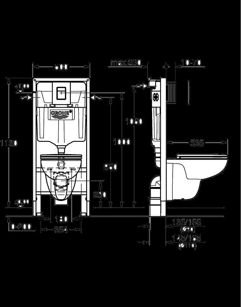 GROHE Solido 5 în 1 set pentru WC, 1.13 m înălţime de instalare - desen tehnic cu cote
