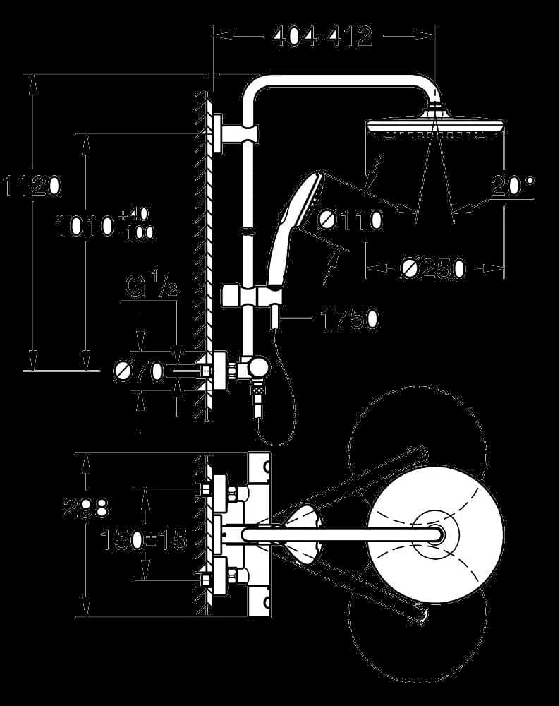 GROHE Vitalio Start System Sistem duș cu termostat pentru montare pe perete - desen tehnic cu cote