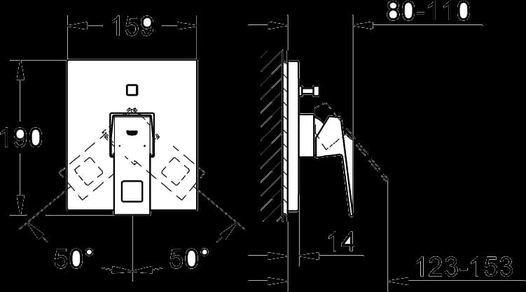 GROHE Eurocube Baterie cadă monocomandă - desen tehnic cu cote