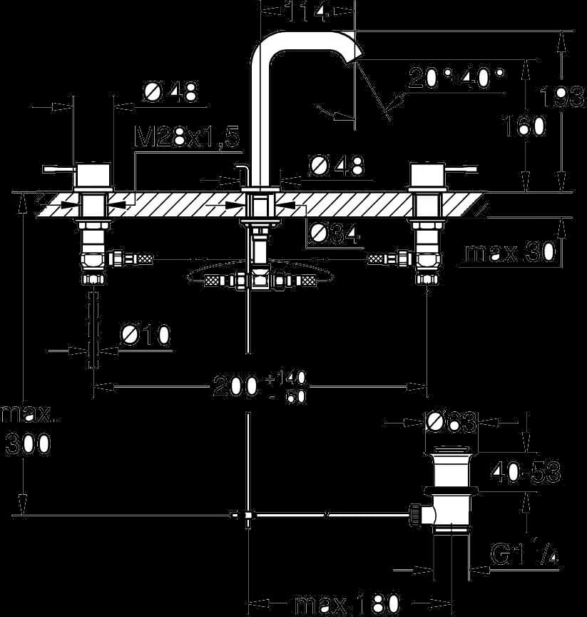 GROHE Essence Baterie lavoar cu 3 elemente 1/2" Mărimea M - desen tehnic cu cote