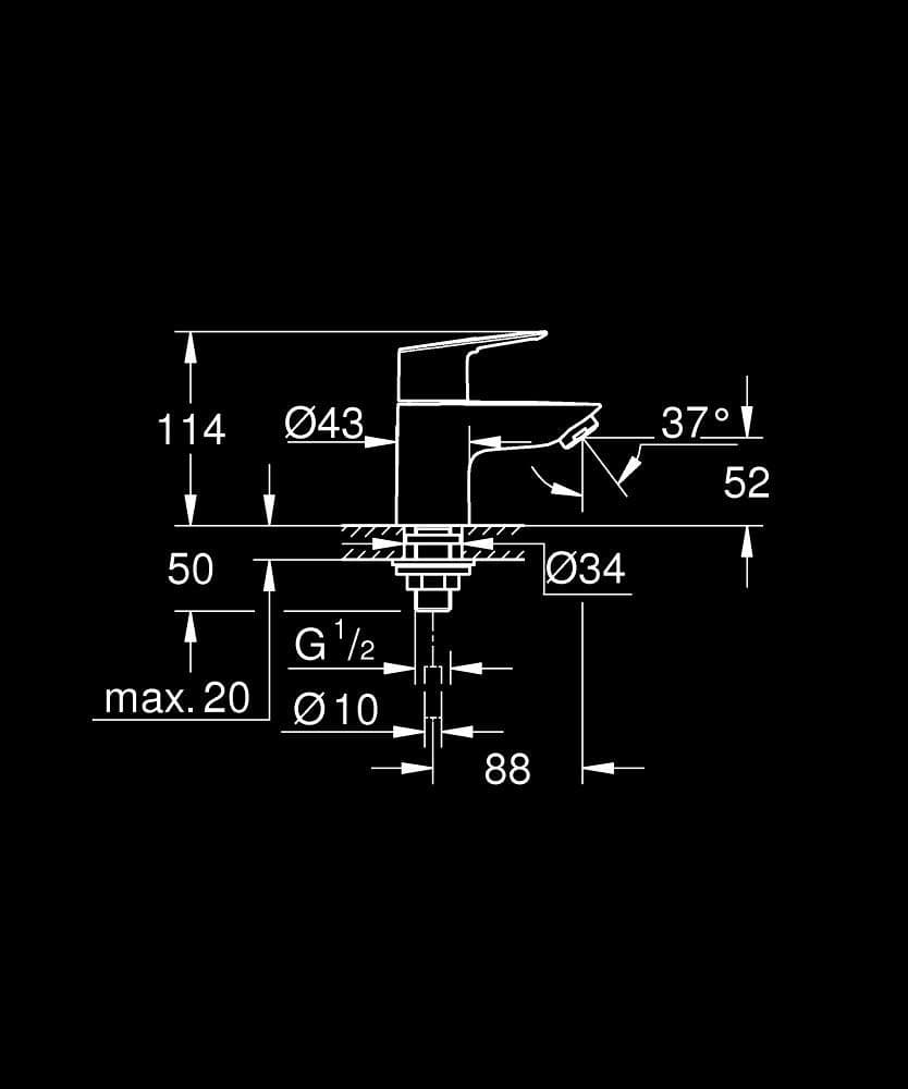 GROHE Start Loop Robinet 1/2" Mărimea XS - desen tehnic cu cote
