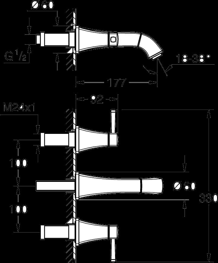 GROHE Grandera Baterie lavoar cu 3 elemente 1/2" Mărimea M - desen tehnic cu cote