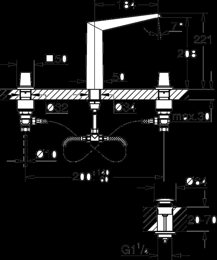 GROHE Allure Brilliant 3 Baterie lavoar cu 3 găuri, montaj pe blat - desen tehnic cu cote