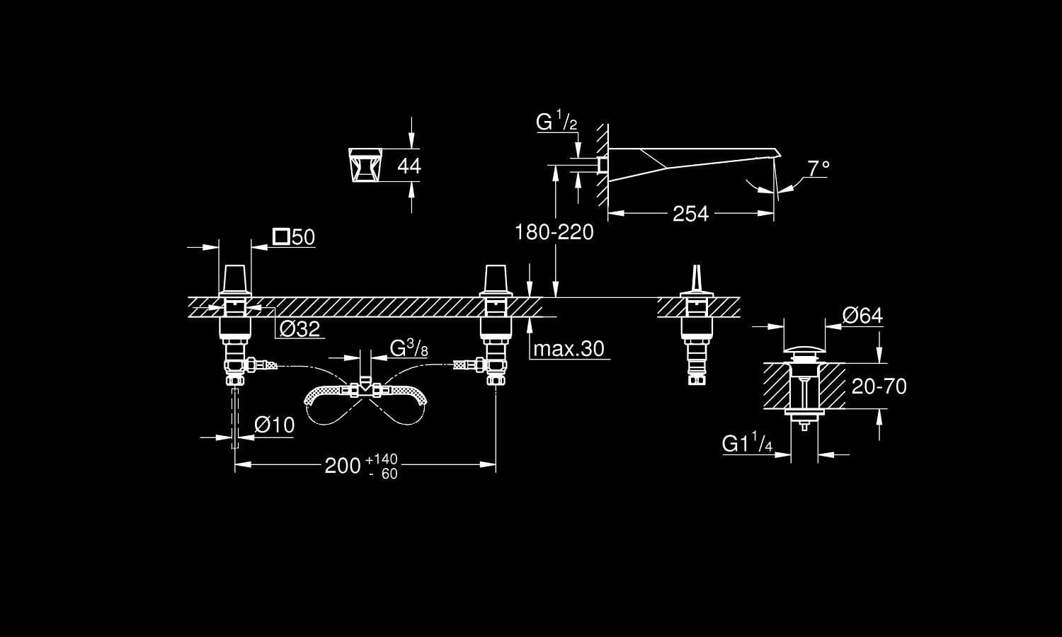 GROHE Allure Brilliant 3 Baterie lavoar cu 3 găuri, montaj pe perete - desen tehnic cu cote
