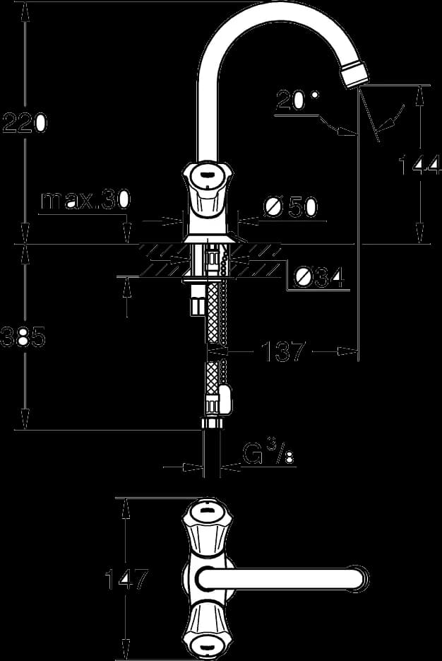 GROHE Costa L Baterie lavoar, 1/2" - desen tehnic cu cote