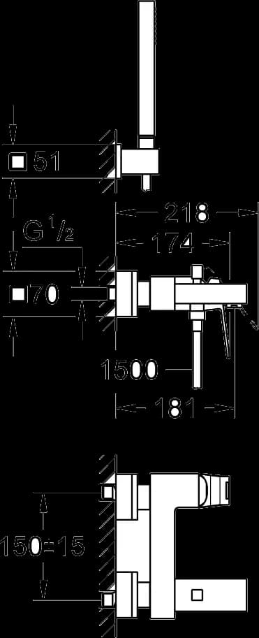 GROHE Eurocube Baterie cadă monocomandă 1/2" - desen tehnic cu cote