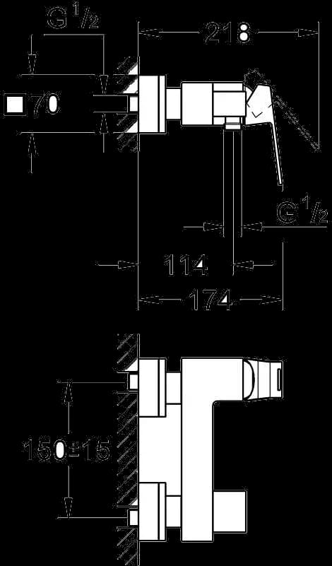 GROHE Eurocube Baterie duş monocomandă 1/2" - desen tehnic cu cote