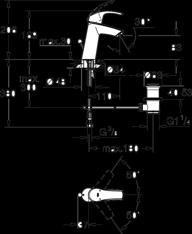 GROHE Eurosmart Baterie lavoar monocomandă 1/2" Mărimea M - desen tehnic cu cote