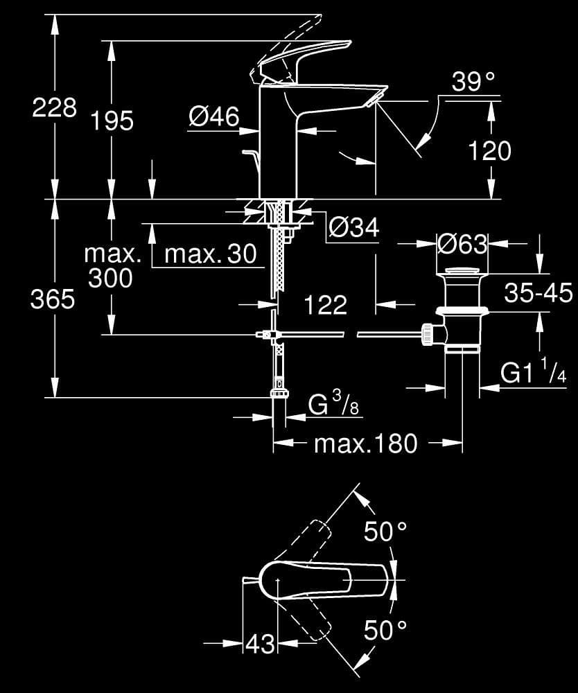 GROHE Eurosmart Baterie lavoar monocomandă 1/2" Mărimea M - desen tehnic cu cote