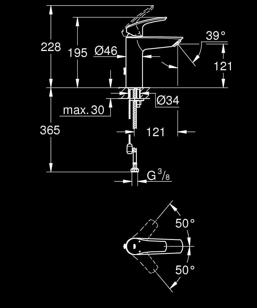 GROHE Eurosmart Baterie lavoar monocomandă 1/2" Mărimea M - desen tehnic cu cote