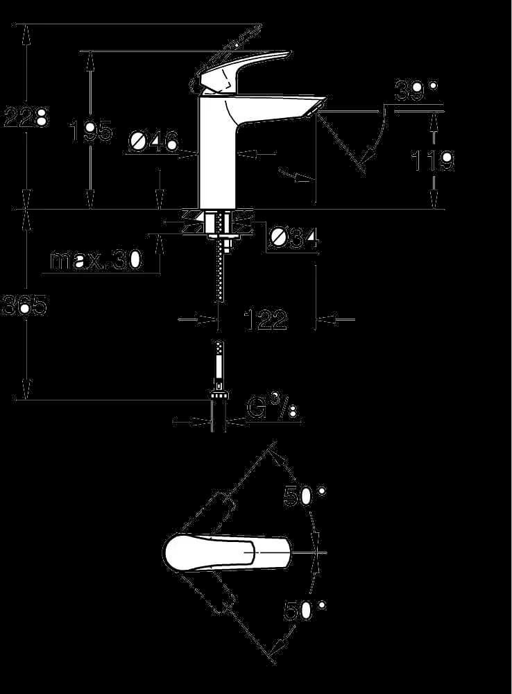 GROHE Eurosmart Baterie lavoar monocomandă 1/2" Mărimea M - desen tehnic cu cote