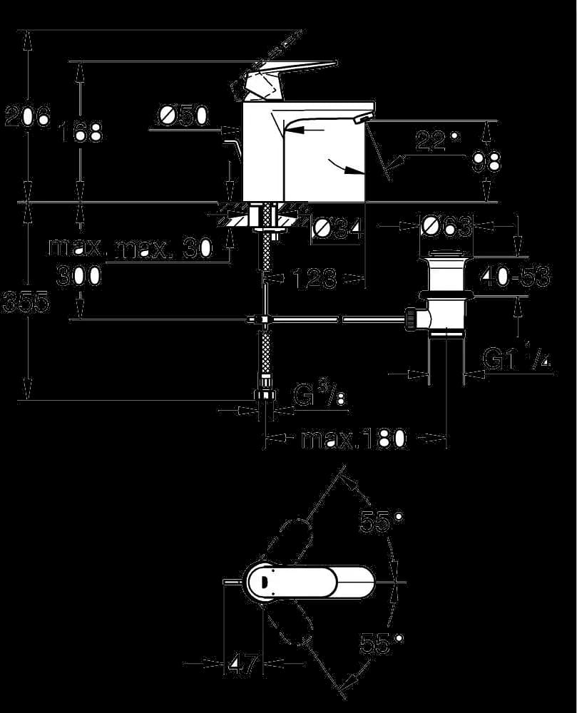 GROHE Eurosmart Cosmopolitan Baterie lavoar monocomandă 1/2" Mărimea M - desen tehnic cu cote