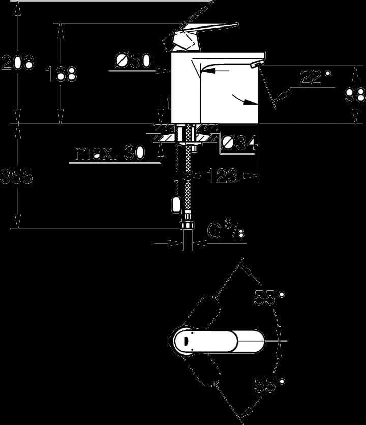 GROHE Eurosmart Cosmopolitan Baterie lavoar monocomandă 1/2" Mărimea M - desen tehnic cu cote