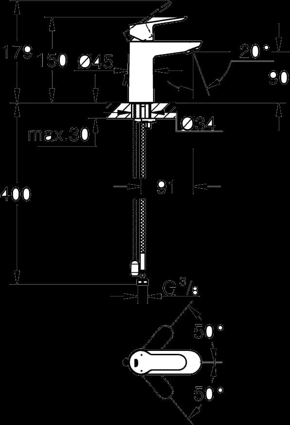 GROHE BauEdge Baterie lavoar monocomandă 1/2" - desen tehnic cu cote