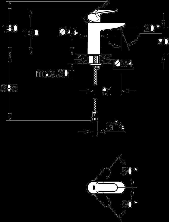 GROHE BauEdge Baterie lavoar monocomandă 1/2" - desen tehnic cu cote
