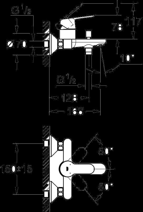 GROHE BauEdge Baterie cadă monocomandă 1/2" - desen tehnic cu cote